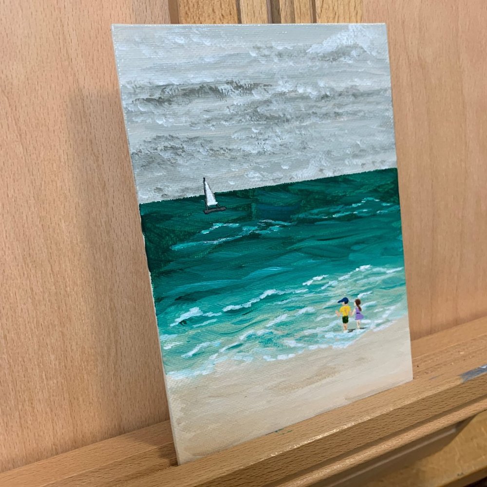 Couple Walking by the Ocean Acrylic Painting 5x7"